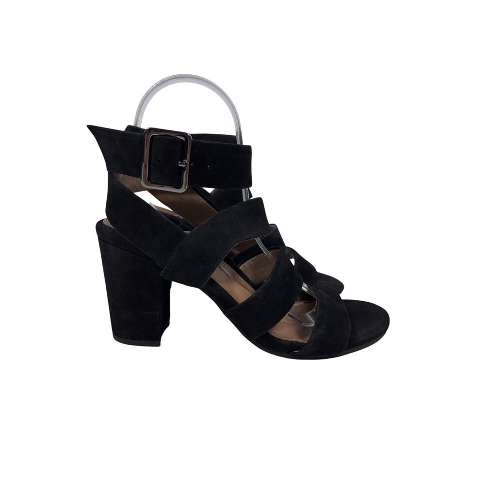 Vionic Blaire Suede Shoes Womens 7.5 Black Open Toe Block Heel Ankle Strap